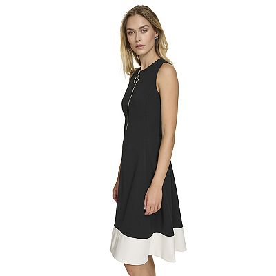 Women's Andrew Marc Sleeveless Zipper Neck Fit & Flare Dress, Size: 14, Navy Ivory
