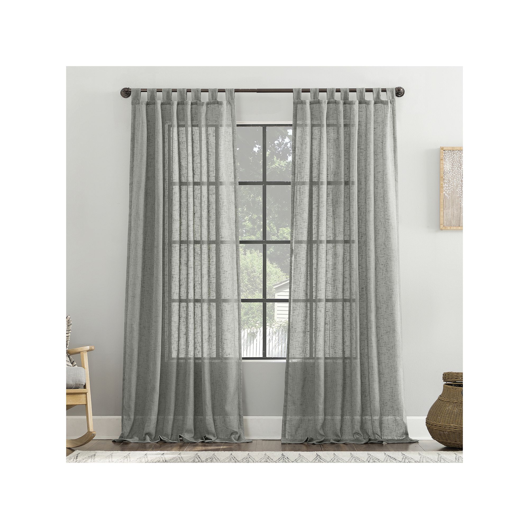 Archaeo Burlap Weave Linen Blend Tab Top Single Curtain Panel, Sterling Gra