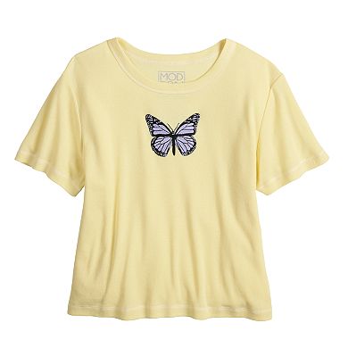 Juniors' Small Butterfly Cropped Embroidered Tee