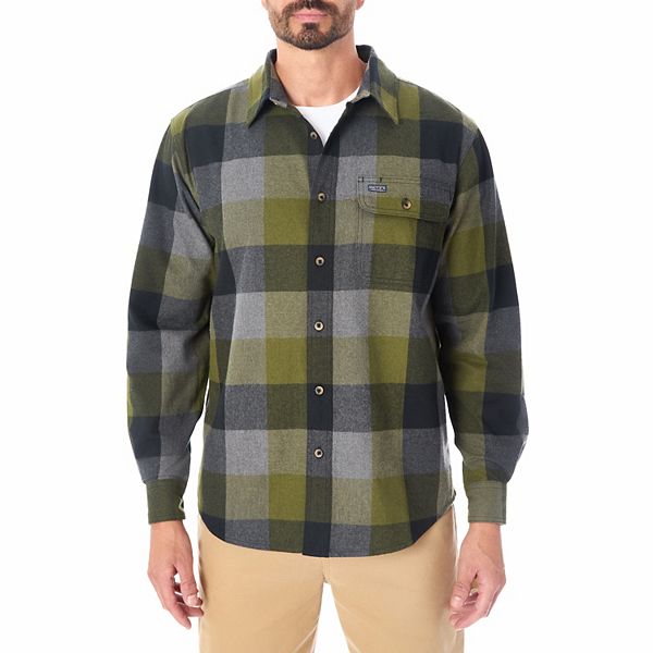 Olive green sustainable Eddie Bauer gingham check plaid shirt, selling XXL