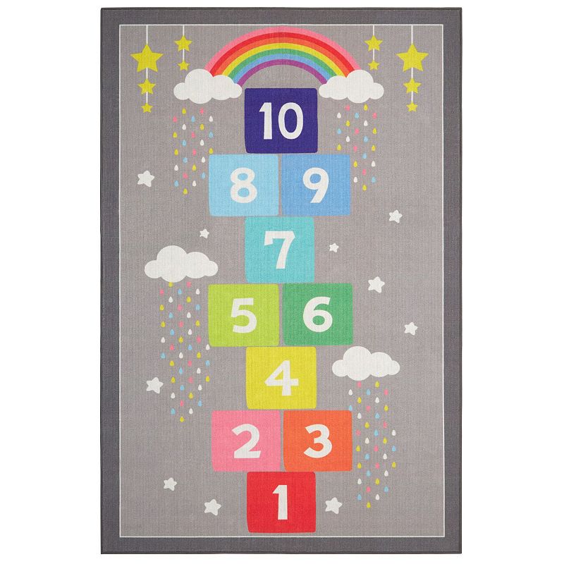 Everwash Imagine Hopscotch Rainbow Kid's Washable Area Rug, Grey, 6X10 Ft