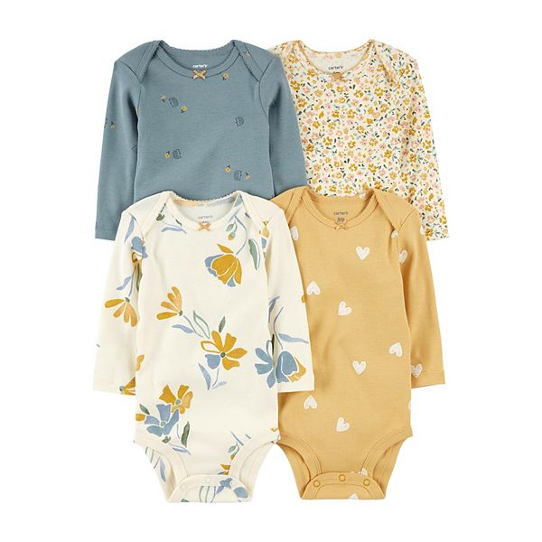 Carter's Baby Girls Floral Printed Long Sleeved Bodysuits, Pack of 4