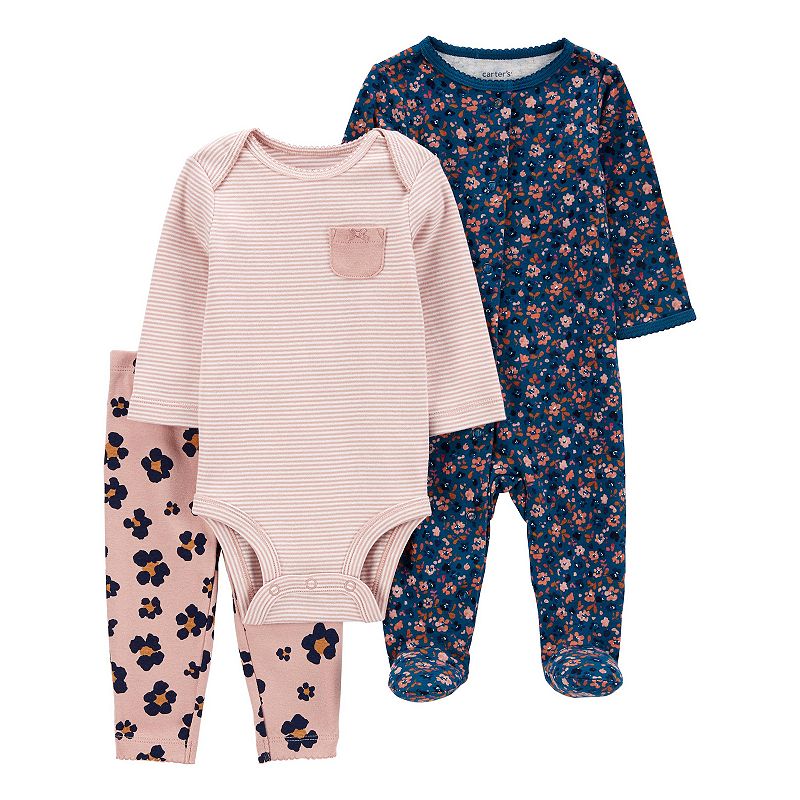 Baby Carters 3-Piece Flowers Sleep & Play and Pants Set, Infant Girls, Si