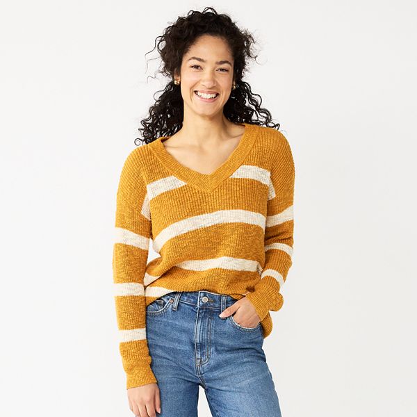 Women's Sonoma Goods For Life® Long Sleeve V-Neck Pullover Top - Gold Stripe (X LARGE)