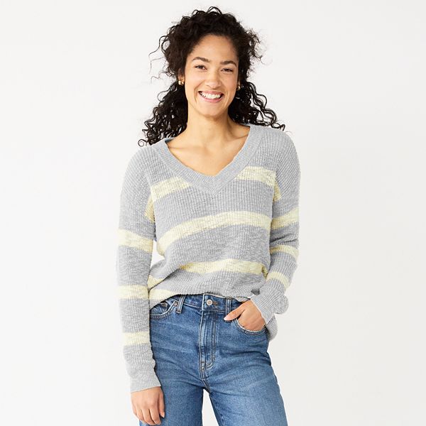 Womens Sonoma Goods For Life® Long Sleeve V-Neck Pullover Top - Gray Stripe (X LARGE)