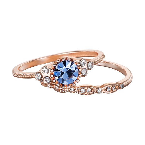 LC Lauren Conrad Rose Gold Tone Simulated Blue Crystal Ring Set