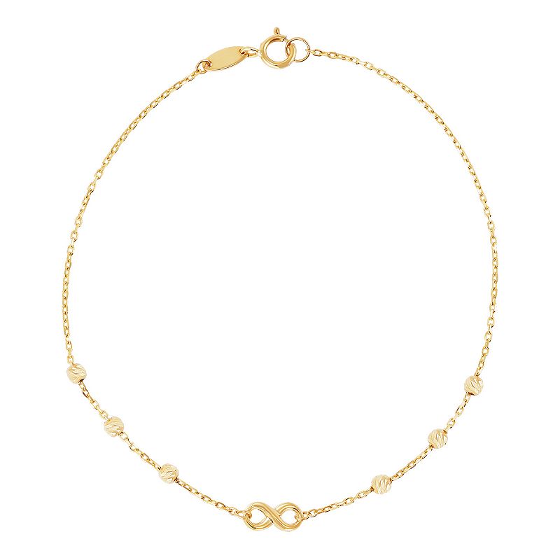 10k Gold Polished Bead & Infinity Link Station Bracelet, Womens, Size: 7.