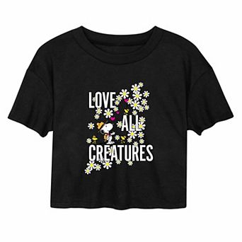 Juniors' Peanuts "Love All Creatures" Cropped Tee