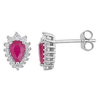 Stella Grace 14k White Gold Ruby & 1/4 Carat T.W. Diamond Halo Teardrop Earrings
