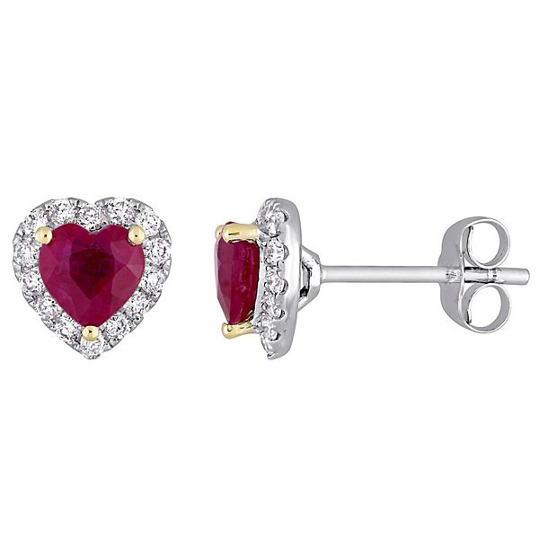 Stella Grace 14k Two Tone Gold Ruby & 1/3 Carat T.W. Diamond Halo Heart Earrings