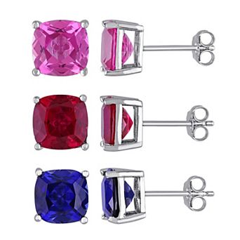 Stella Grace Sterling Silver Lab-Created Ruby, Lab-Created Blue & Pink Sapphire 3 pc Stud Earring Set