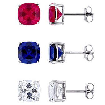 Stella Grace Sterling Silver Lab-Created Ruby, Lab-Created Blue & White Sapphire 3 pc Stud Earring Set