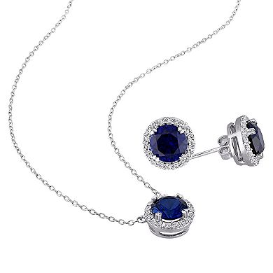 Stella Grace Sterling Silver Lab-Created Blue & White Sapphire Halo Earring & Pendant Necklace Set