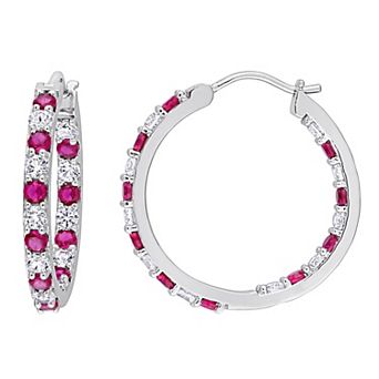 Stella Grace Sterling Silver Lab-Created Ruby & Lab-Created White Sapphire Inside-Outside Hoop Earrings