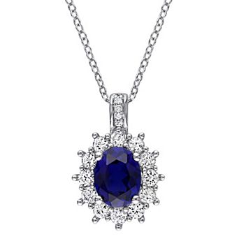 Stella Grace Sterling Silver Lab-Created Sapphire, Lab-Created White Sapphire & Diamond Accent Oval Halo Pendant Necklace
