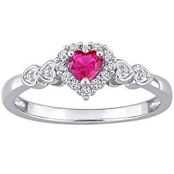 Stella Grace Sterling Silver Lab-Created Ruby, Lab-Created White Sapphire & Diamond Accent Halo Heart Ring