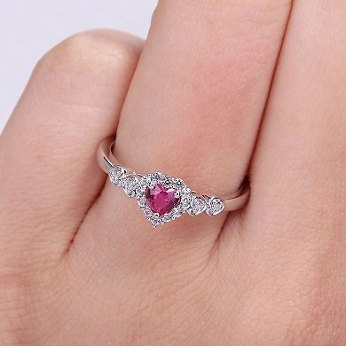 Stella Grace Sterling Silver Lab-Created Ruby, Lab-Created White Sapphire & Diamond Accent Halo Heart Ring