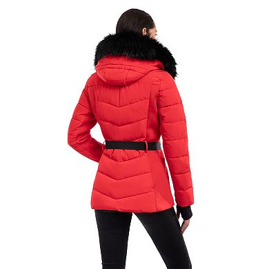 Women's London Fog Faux-Fur Hood Stretch Puffer Coat