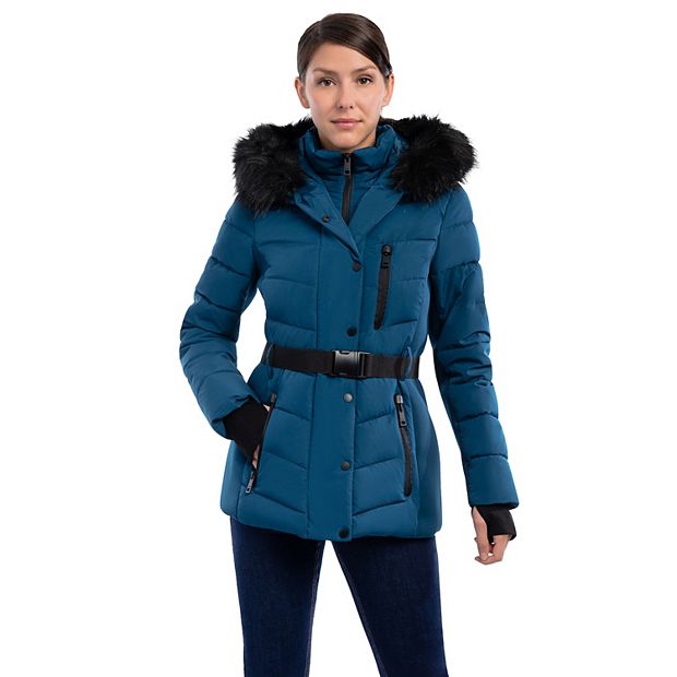 Women s London Fog Faux Fur Hood Stretch Puffer Coat