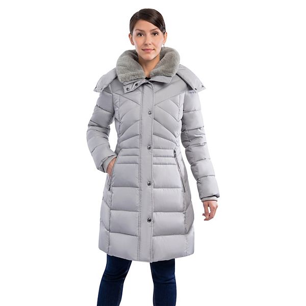 Women's London Fog Hood FauxFur Collar Puffer Walker Coat