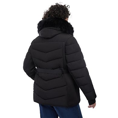 Plus Size London Fog Faux-Fur Hood Stretch Puffer Coat