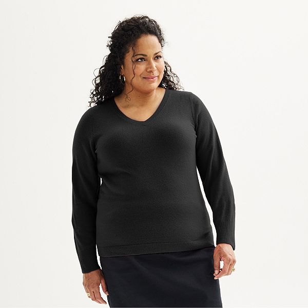 Plus Size Croft & Barrow® Extra Soft V-Neck Sweater - Black (0X)