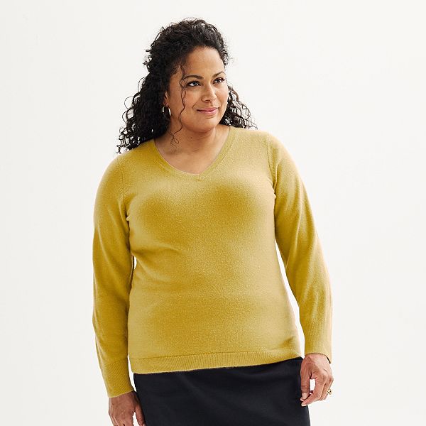 Plus Size Croft & Barrow&reg; Extra Soft V-Neck Sweater - Mustard Heather (2X)