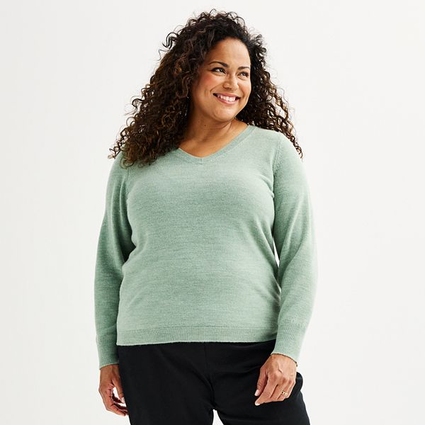 Plus Size Croft & Barrow® Extra Soft V-Neck Sweater - Sage Heather (1X)