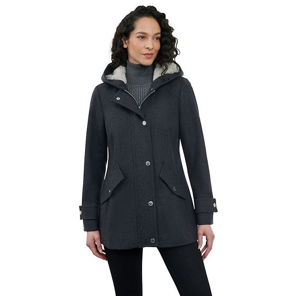 Women's London Fog Faux-Sherpa Hood Wool-Blend Coat - Charcoal (SMALL)
