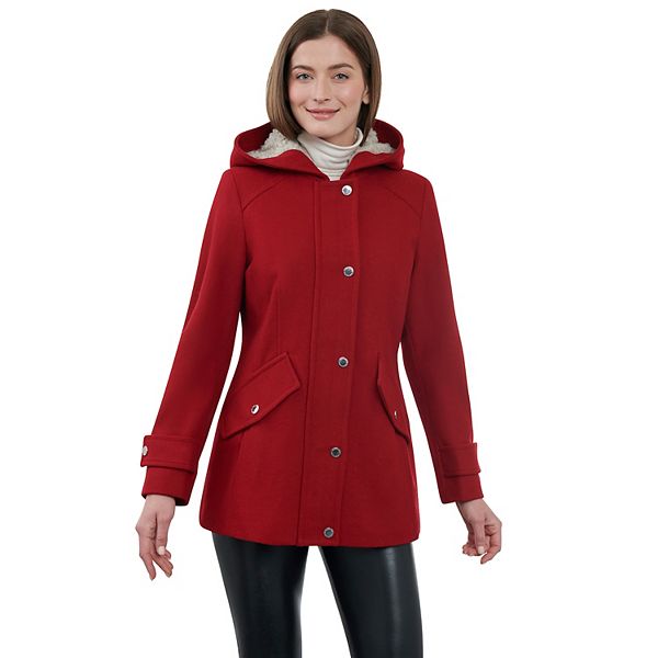 Womens London Fog Faux-Sherpa Hood Wool-Blend Coat - Red (LARGE)