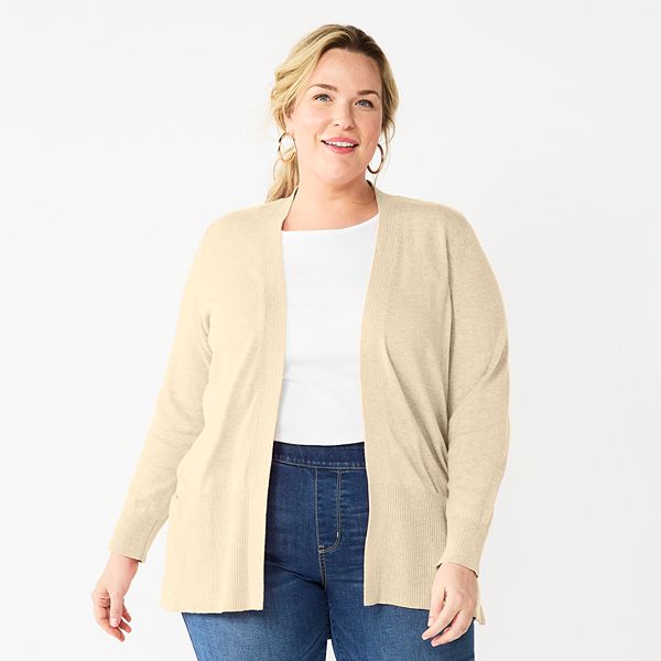 Plus Size Croft & Barrow® Classic Ribbed Open-Front Cardigan - Oatmeal (1X)