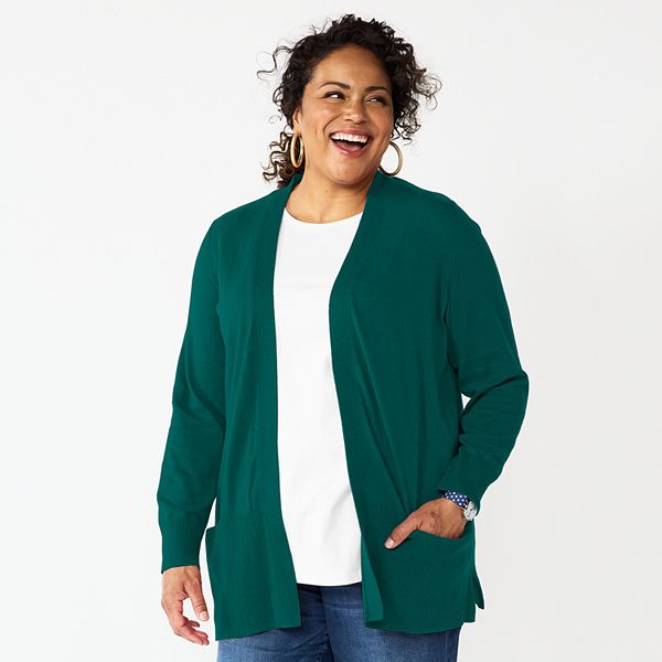 Plus Size Croft & Barrow® Classic Ribbed Open-Front Cardigan - Teal (1X)