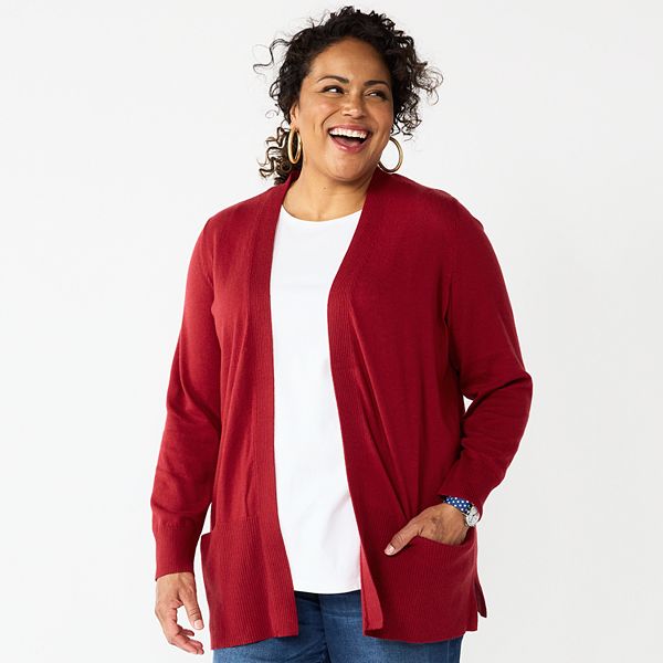 Plus Size Croft & Barrow® Classic Ribbed Open-Front Cardigan - True Red (2X)