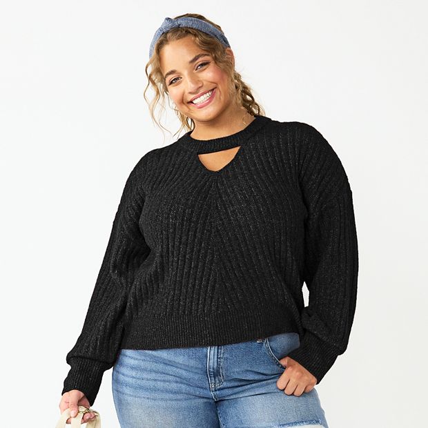 Juniors Plus Size SO Ribbed Keyhole Sweater