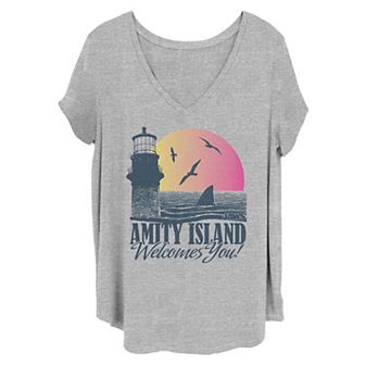 Juniors' Plus Size Jaws Amity Island Welcomes You Shark Fin Sunset Tee