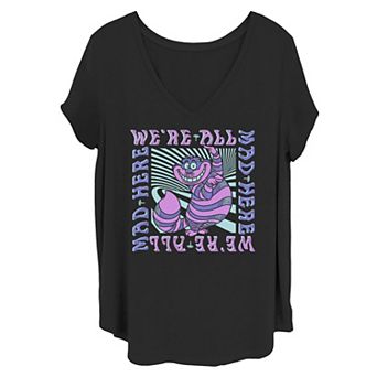 Disney's Alice In Wonderland Juniors' Plus Size Cheshire Cat We're All Mad Box Up V-Neck Graphic Tee