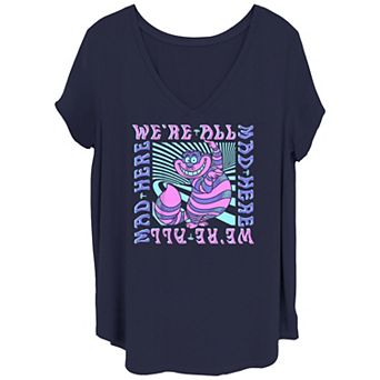 Disney's Alice In Wonderland Juniors' Plus Size Cheshire Cat We're All Mad Box Up V-Neck Graphic Tee