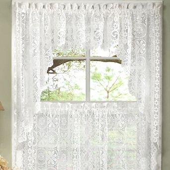 Sweet Home Old World Style Floral Heavy Cream Lace Kitchen Curtain Swag Pair Set