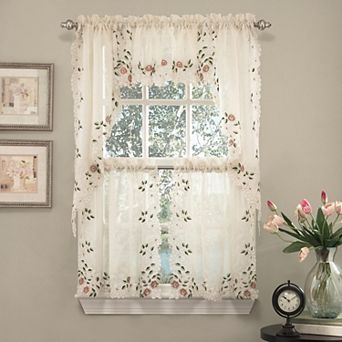 Sweet Home Rosemary Floral Embroidered Semi-Sheer Kitchen Tier & Swag Valance Set