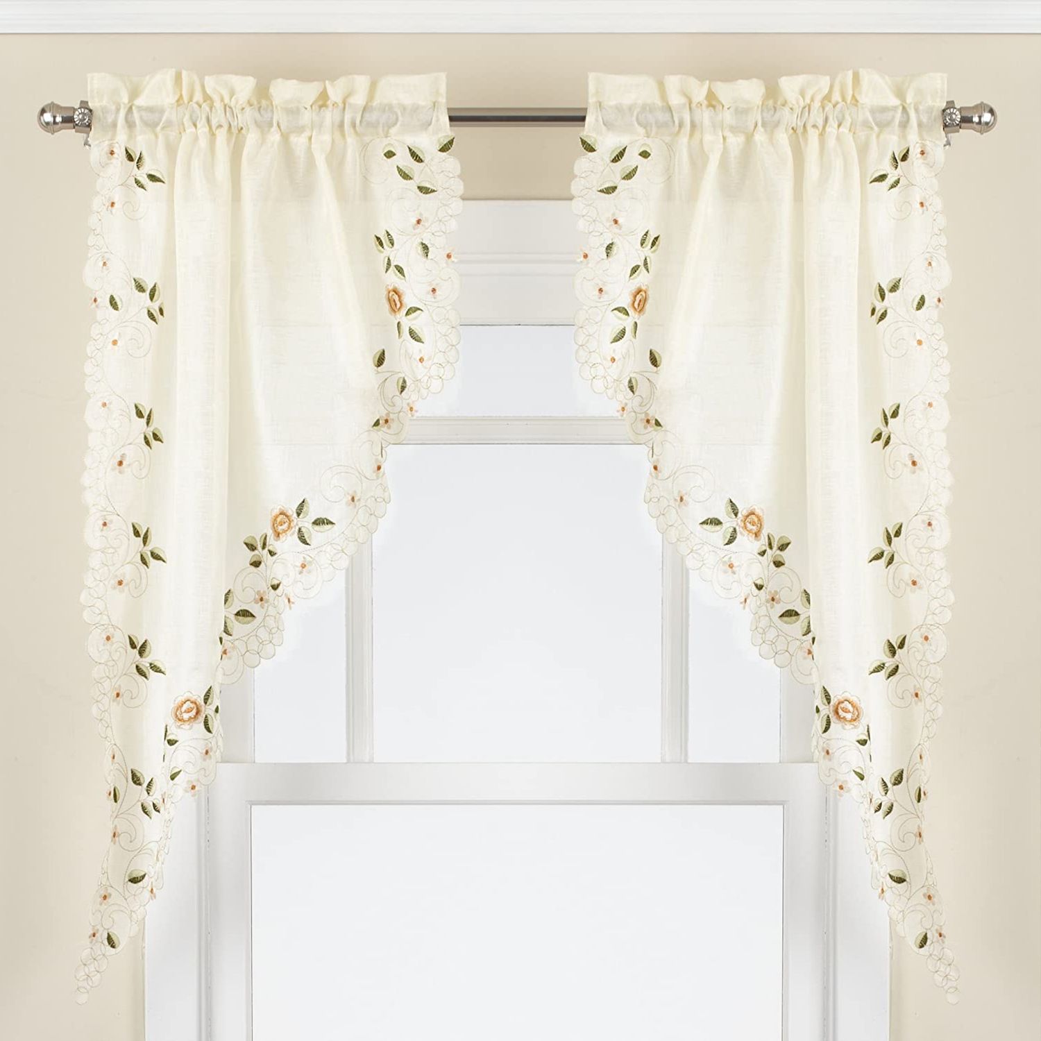 Sweet Home Rosemary Floral Embroidered Semi Sheer Kitchen Curtain Swag Pair   5590262