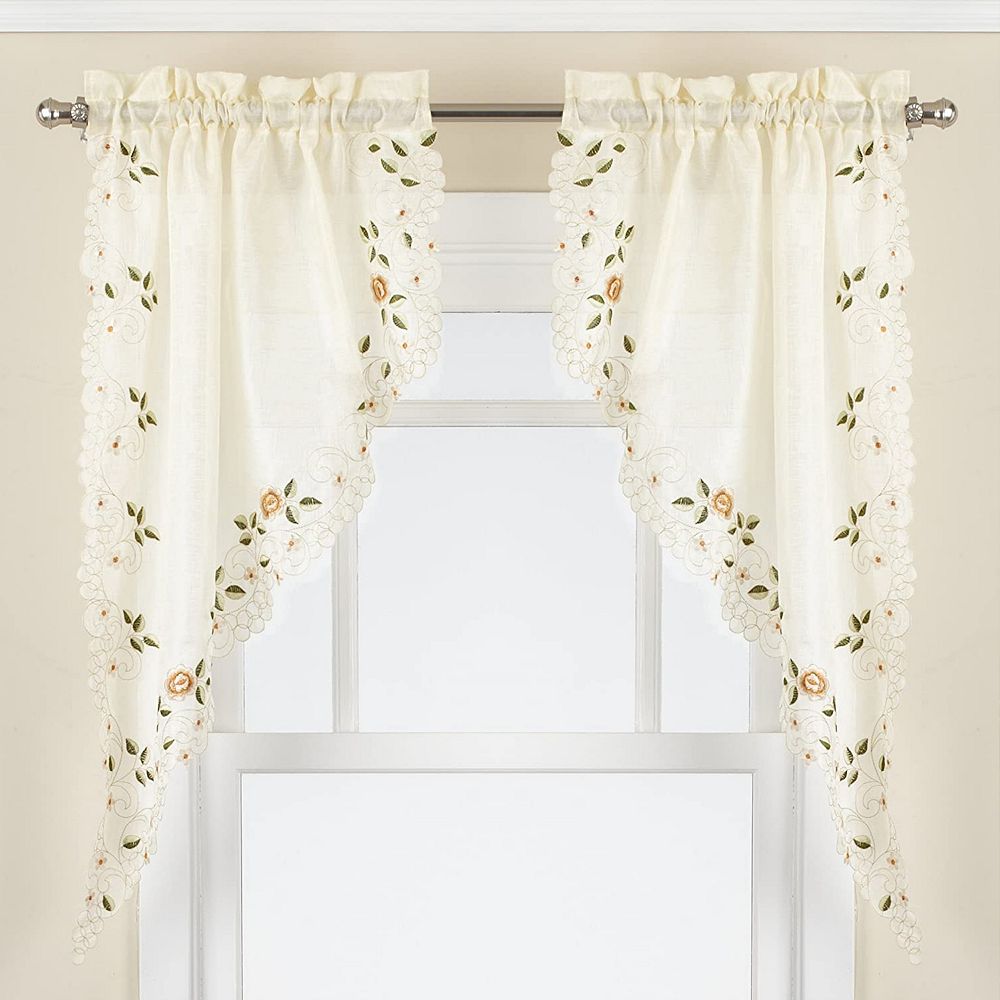 Sweet Home Rosemary Floral Embroidered Semi-Sheer Kitchen Curtain Swag Pair