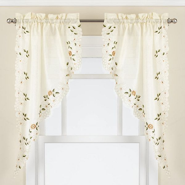 Sweet Home Rosemary Floral Embroidered Semi-Sheer Kitchen Curtain Swag Pair