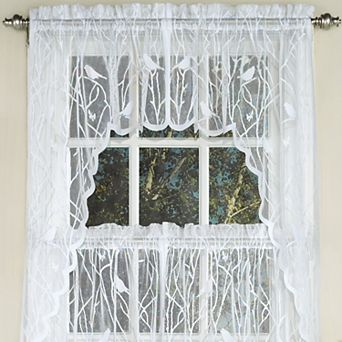 Sweet Home Knit Lace Polyester Songbird Motif Kitchen Swag Pair