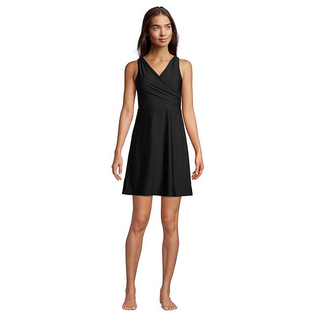 Women's DD-Cup Chlorine Resistant Tummy Control Surplice Wrap Swim Dress One Piece Swimsuit - Lands' End - Black - 6