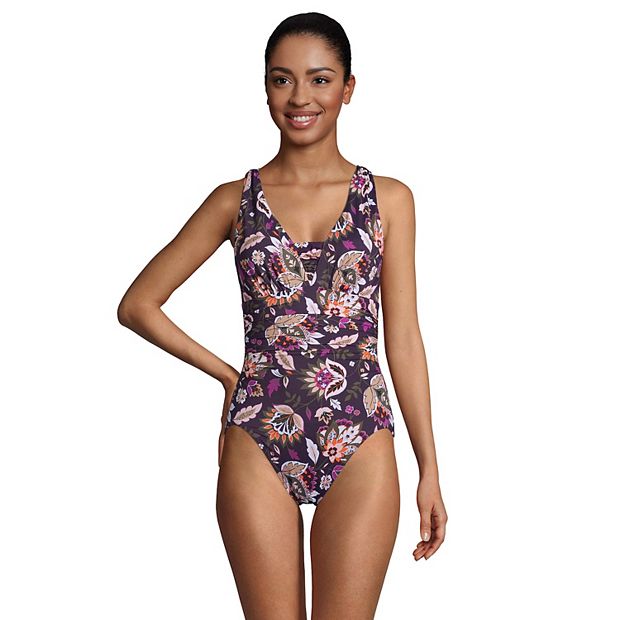 Women's Lands' End DD-Cup Slender Grecian Tummy Control Print UPF 50 One-Piece  Swimsuit