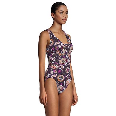Women's Lands' End DD-Cup Slender Grecian Tummy Control Print UPF 50 One-Piece Swimsuit