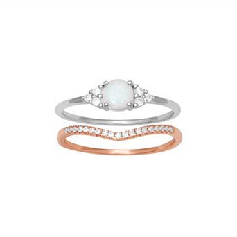 PRIMROSE Sterling Silver Opal & 18k Rose Gold Over Silver Cubic Zirconia V-Shaped Stackable Ring Duo Set