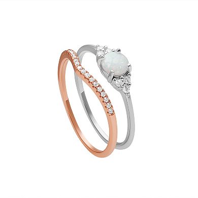 PRIMROSE Sterling Silver Opal & 18k Rose Gold Over Silver Cubic Zirconia V-Shaped Stackable Ring Duo Set