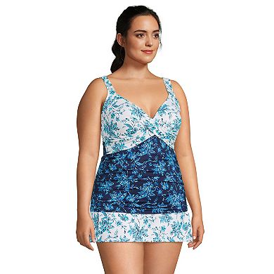 Plus Size Lands' End G-Cup UPF 50 Print V-Neck Wrap Tummy Slimmer Tankini Top