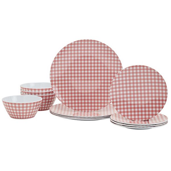 Dolly Parton 12 pc. Pink Gingham Melamine Dinnerware Set